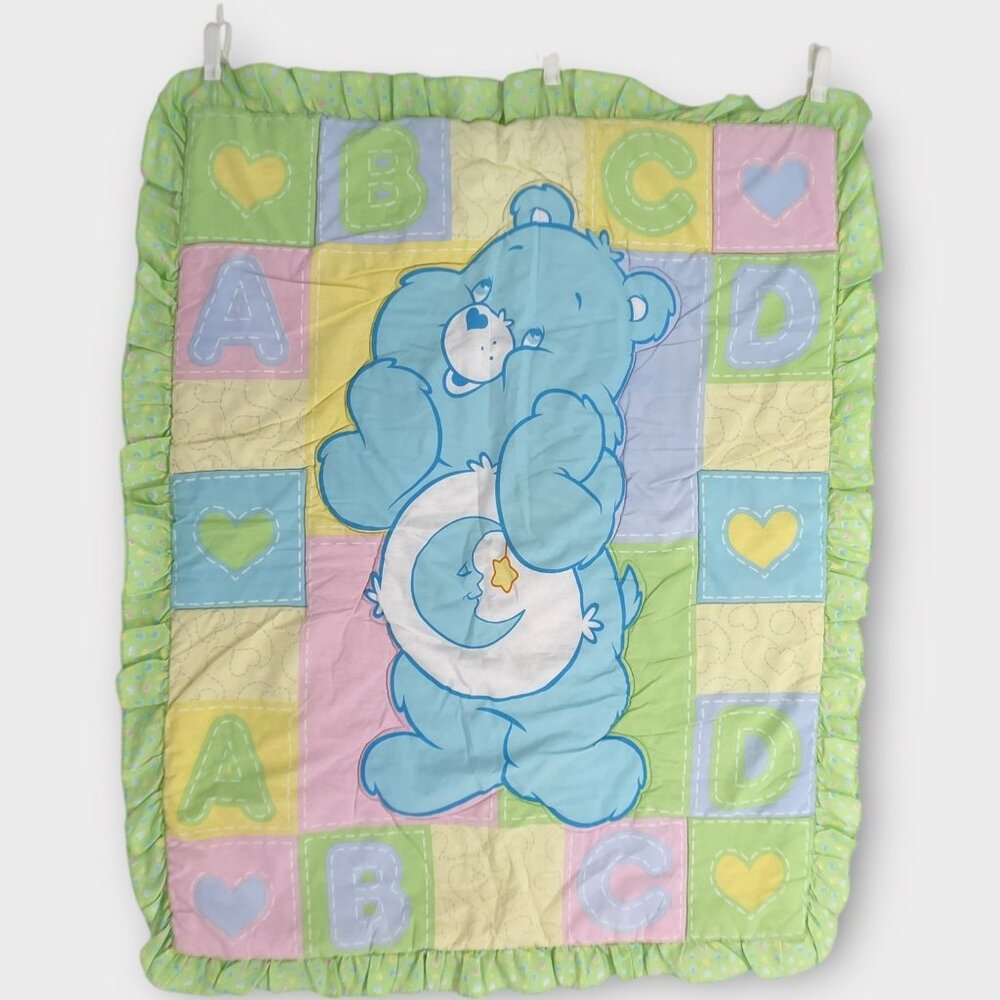 Vintage Care Bears Bedtime Bear Patchwork Baby Blanket Toddler Quilt Green ABC